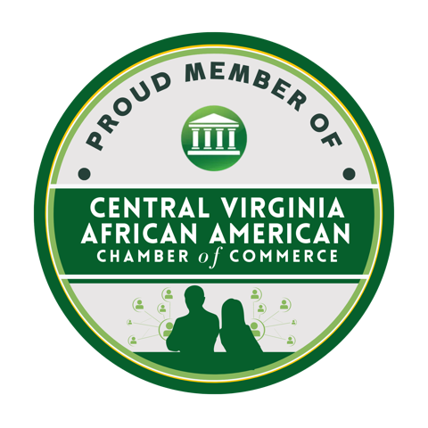 CVAACC Member Badge (1)-28f1465a Logo of the Central Virginia African American Chamber of Commerce. Green Circle with Proud Member of written inside the circle along the top. Central Virginia African American Chamber of Commerce is written horizontally in the middle in a white lettering with a green background and broken up so that Central Virginia is on top, underneath that is African American, and underneath that Chamber of Commerce. There is a Greek portico above the text Central Virginia. There is a silhouette of a man and a woman below the text Chamber of Commerce.