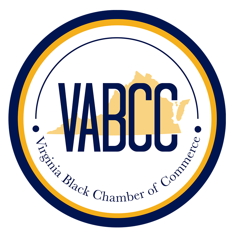 Virginia Black Chamber of Commerce logo Solid, blue circle with a solid, yellow circle inside it. In the middle is a solid, yellow silhouette of the state of Virginia with VABCC over it in sold, dark blue letters. Virginia Black Chamber of Commerce is along the bottom of the circle. Before Virginia and after Commerce there are sold, dark blue dots with a line going between them along the top of the circle.